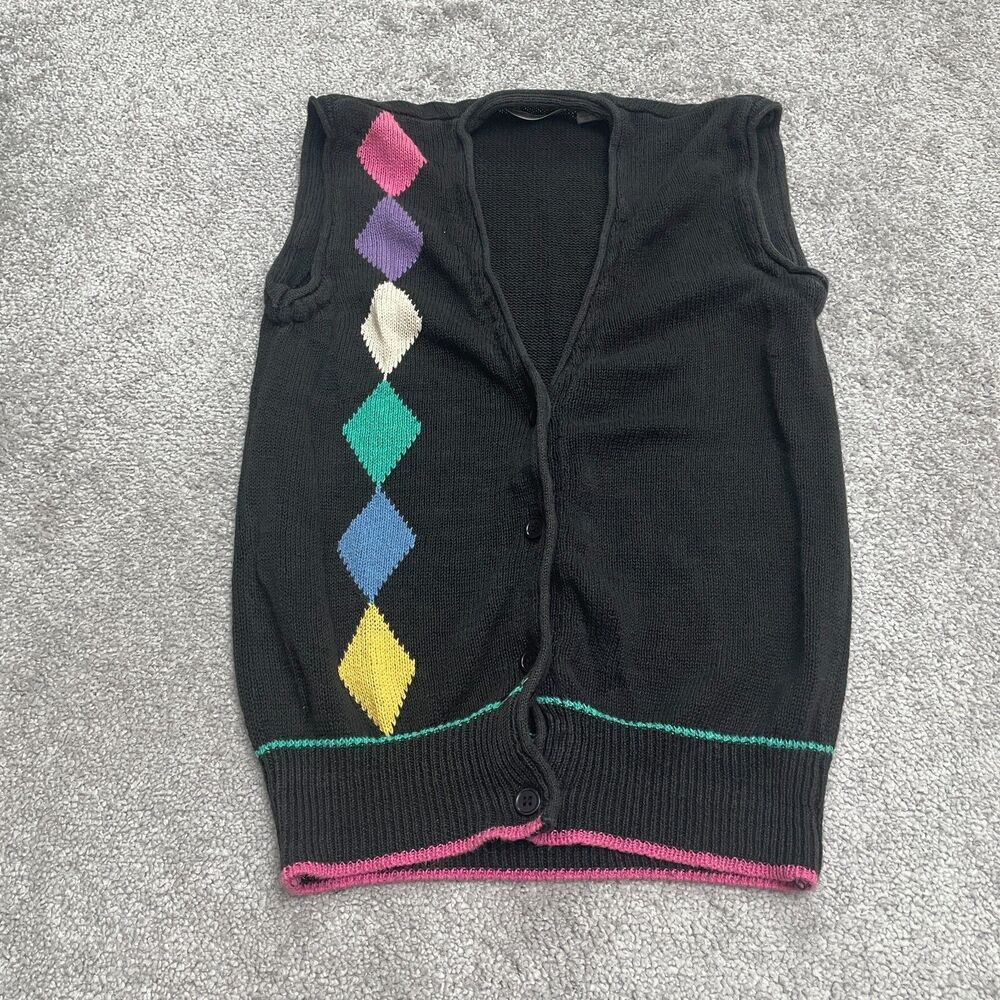French Navy Vintage Sweater Vest Womens Medium Black Argyle/Diamond Button Up